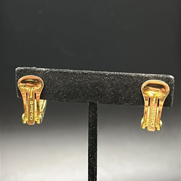 VTG Christian Dior Rhinestone Baguette Gold Half Hoops Clip Ons - Picture 3 of 12